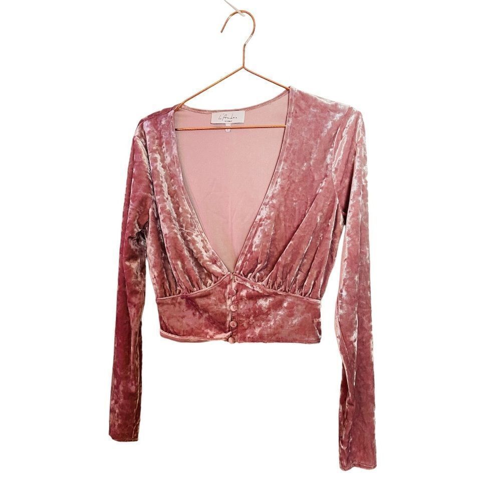 NWOT Revolve L’Academie Pink Velvet Button Down Crop Top Small